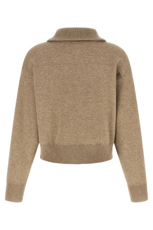 'Shiny Zipper Pull' Wool cardigan Beige