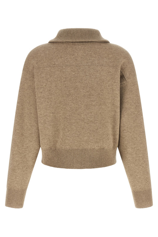 'Shiny Zipper Pull' Wool cardigan Beige