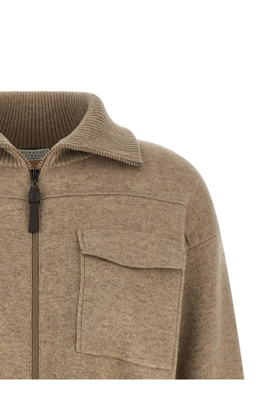 'Shiny Zipper Pull' Wool cardigan Beige