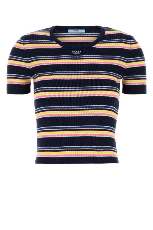 Бавовняна футболка з вишивкою, синя, PRADA (P24N2SSOOO16V9)