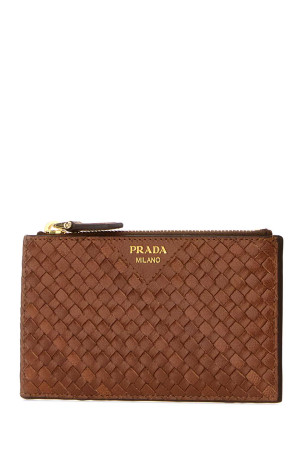 Кожаный держатель для карт цвета «карамель» PRADA (1MC0862BE1)