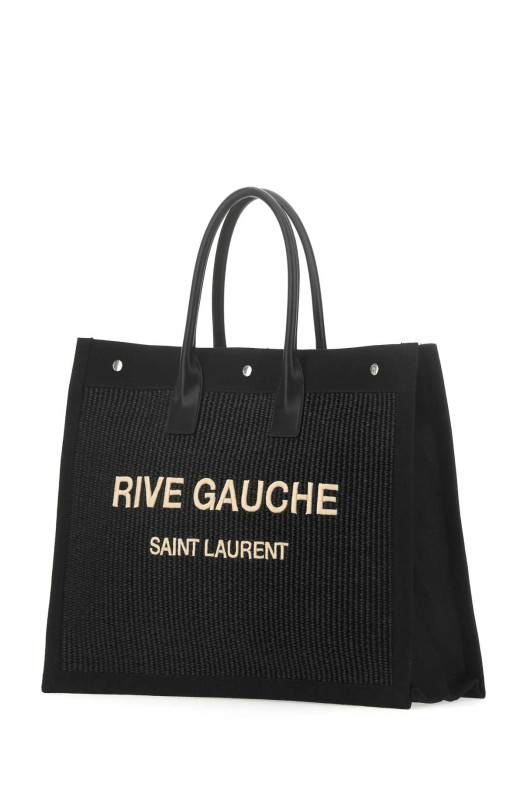Черная сумка для покупок из рафии и канваса Rive Gauche от SAINT LAURENT (5094152M21E)