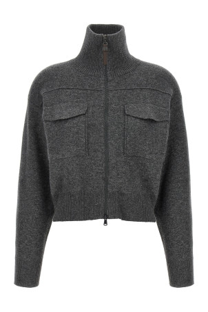 'Shiny Zipper Pull' Wool cardigan Gray