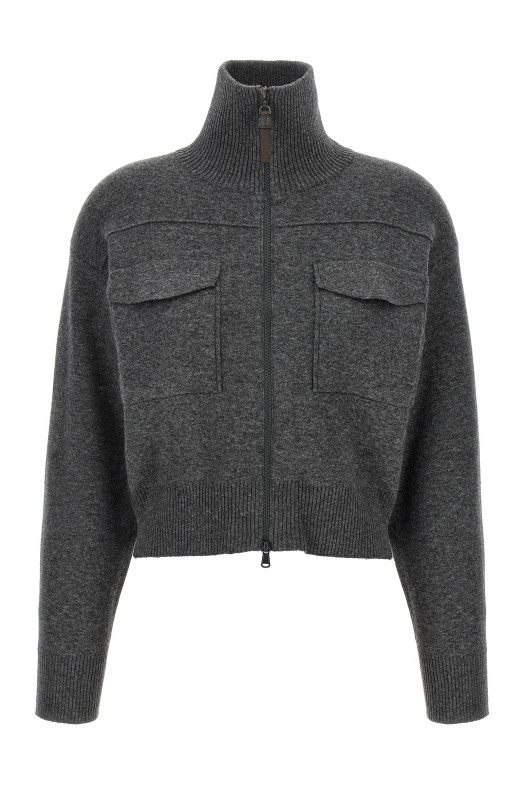 'Shiny Zipper Pull' Wool cardigan Gray
