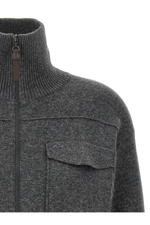 'Shiny Zipper Pull' Wool cardigan Gray