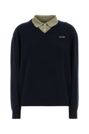 Navy blue wool blend polo shirt MIU MIU (MML07MSOOO6061)