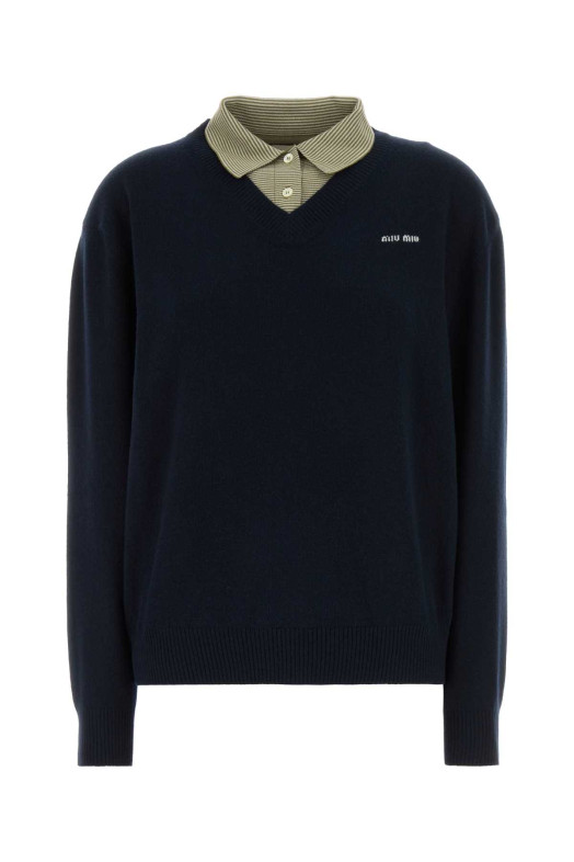 Navy blue wool blend polo shirt MIU MIU (MML07MSOOO6061)