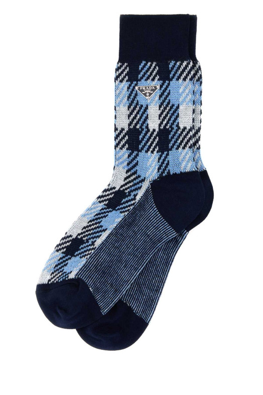Embroidered stretch cotton socks Blue PRADA (66557SOOO15C4)