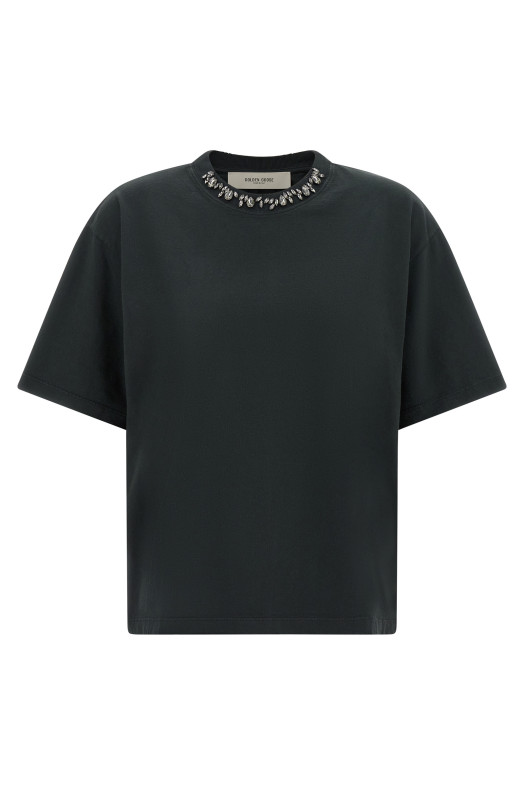 Футболка с круглым вырезом из кристаллов, черная GOLDEN GOOSE GWP01874P0018979045690456