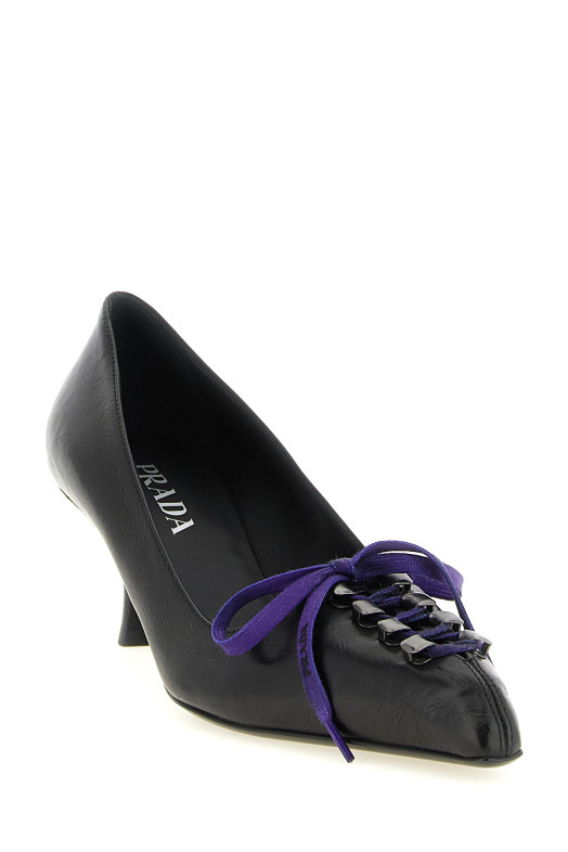 Кожаные туфли на шпильке со шнурками, черные PRADA 1I612OFA055V69F0002