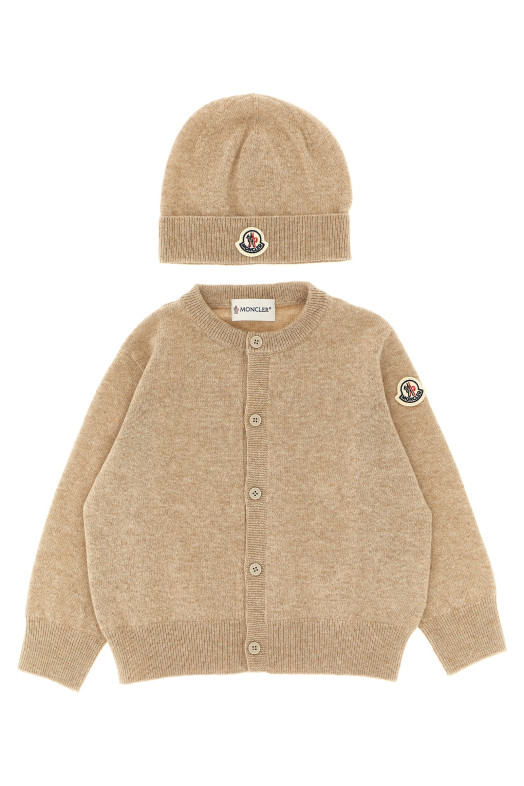 Кардиган + шапка с вышитым логотипом, бежевого цвета MONCLER ENFANT L29519E00001M428121E
