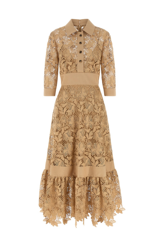 Платье с цветочным узором в технике макраме, бежевое ELIE SAAB D1292NP26POM02BROWNSUGAR