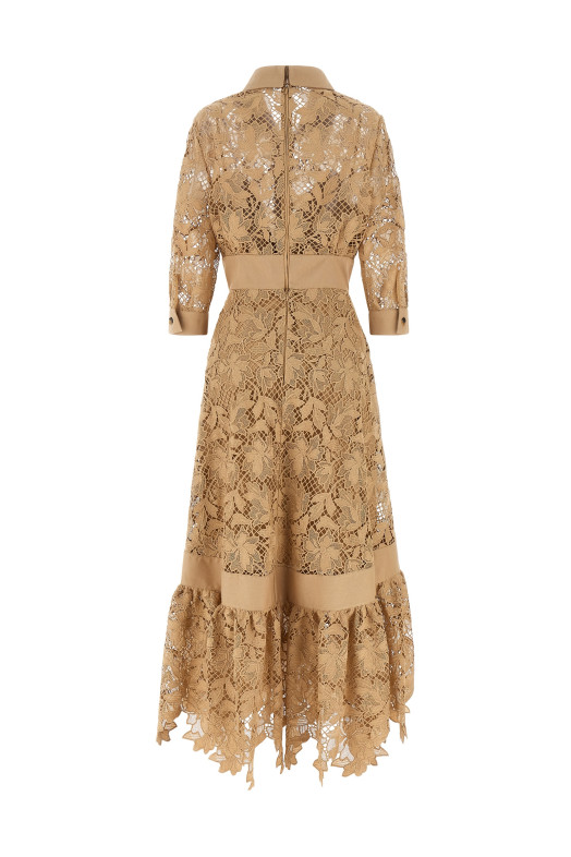 Платье с цветочным узором в технике макраме, бежевое ELIE SAAB D1292NP26POM02BROWNSUGAR