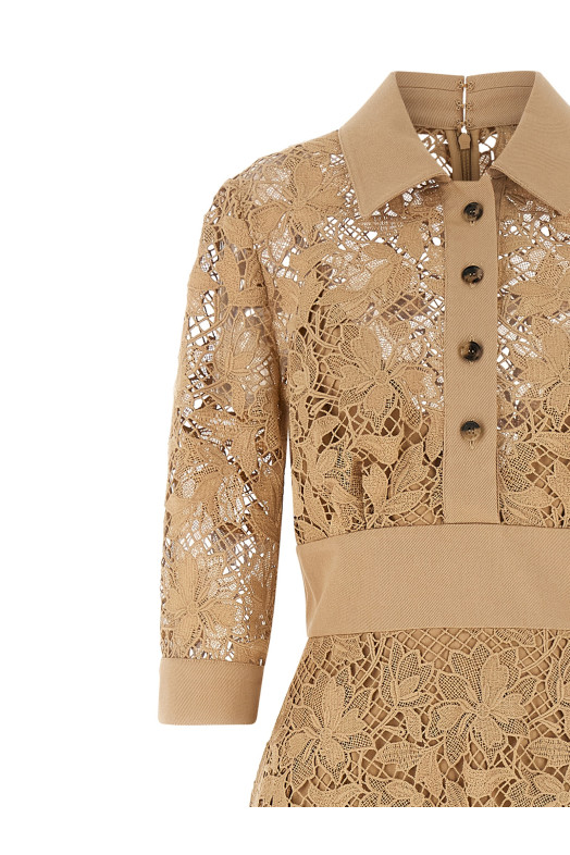 Платье с цветочным узором в технике макраме, бежевое ELIE SAAB D1292NP26POM02BROWNSUGAR