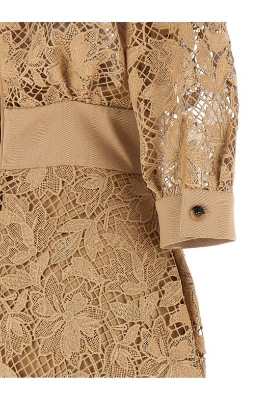 Платье с цветочным узором в технике макраме, бежевое ELIE SAAB D1292NP26POM02BROWNSUGAR