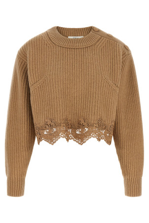 Cropped Lace Sweater Beige
