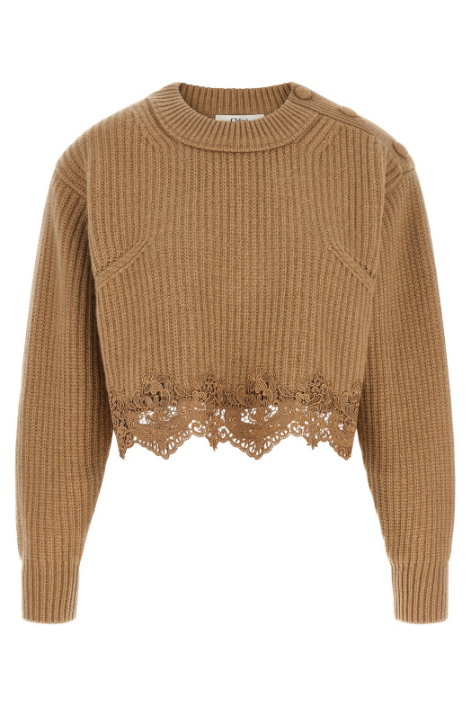 Cropped Lace Sweater Beige