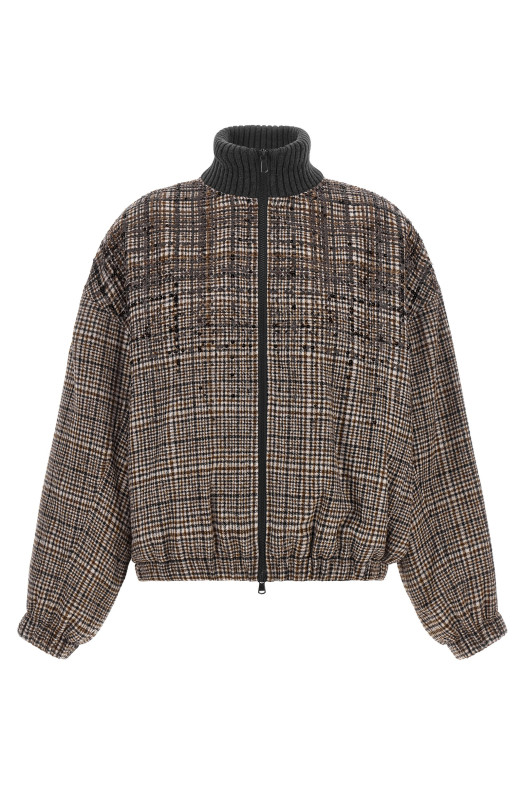 Sequin check bomber jacket Brown