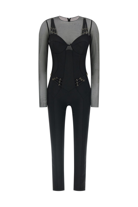 Jersey and tulle jumpsuit Black