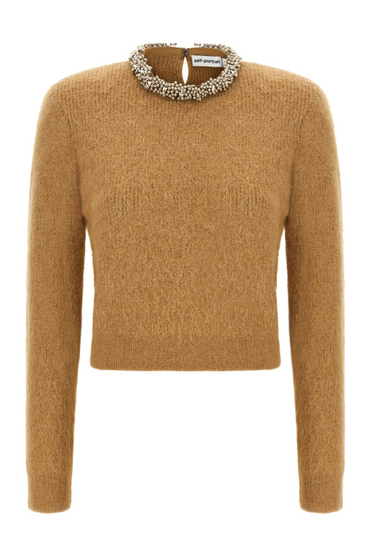 Свитер с вышивкой из драгоценных камней, коричневый SELF PORTRAIT AW26094TBRBROWN
