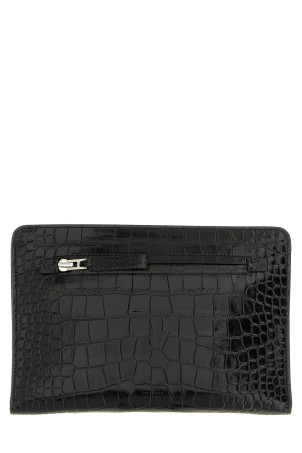 Croc print leather clutch bag Black