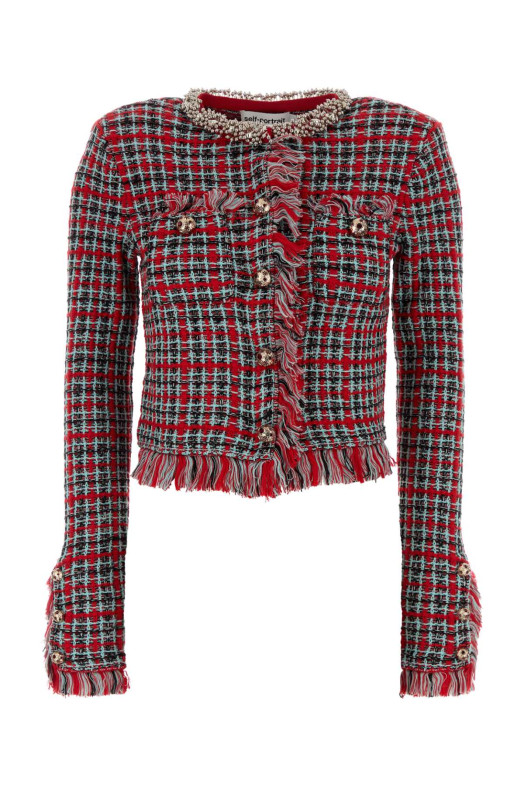 RED CHECK FRAYED KNIT JACKET Red SELF PORTRAIT (AW26146JR)