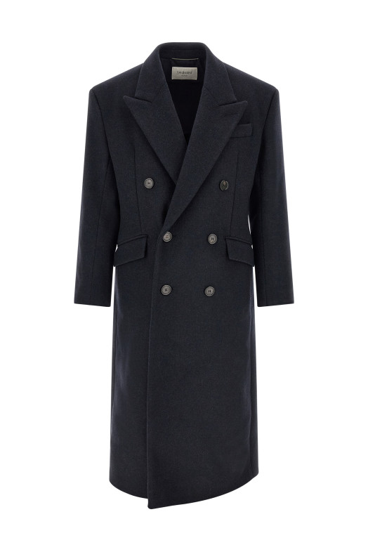 Двубортное пальто синего цвета SAINT LAURENT 867515Y1O104140