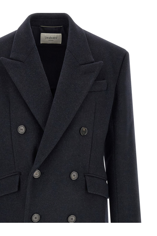 Двубортное пальто синего цвета SAINT LAURENT 867515Y1O104140
