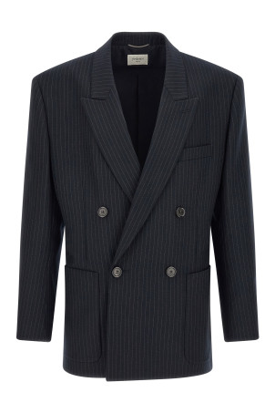 Двубортный блейзер в полоску, синий SAINT LAURENT 876230Y1I744050