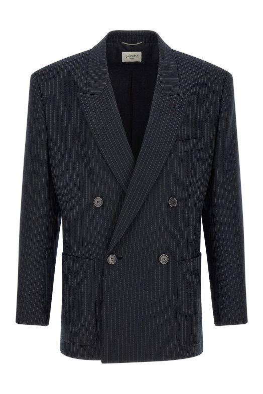 Двубортный блейзер в полоску, синий SAINT LAURENT 876230Y1I744050
