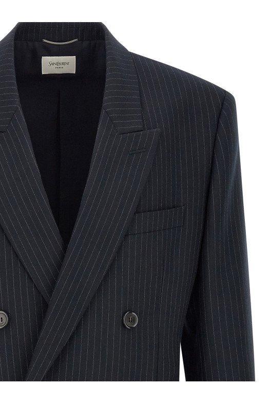 Двубортный блейзер в полоску, синий SAINT LAURENT 876230Y1I744050