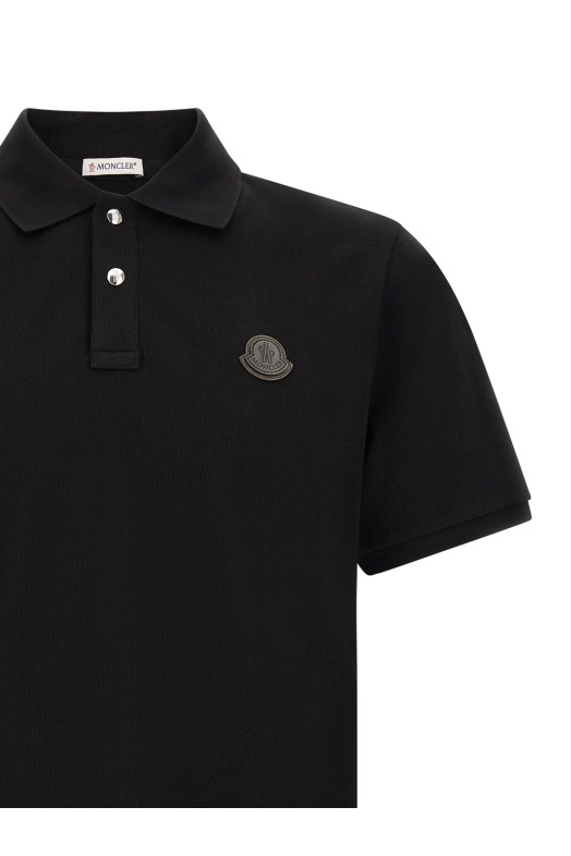 Leather logo patch polo shirt Black