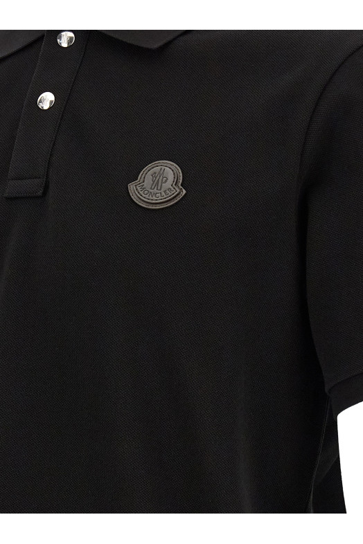 Leather logo patch polo shirt Black
