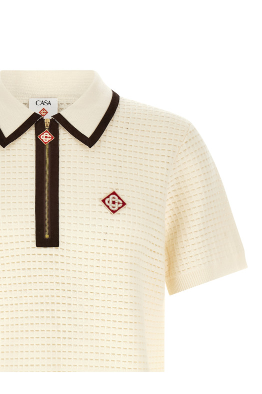 'Waffle stitch' knit polo shirt White