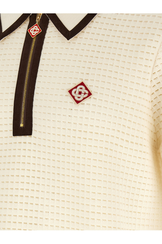 'Waffle stitch' knit polo shirt White