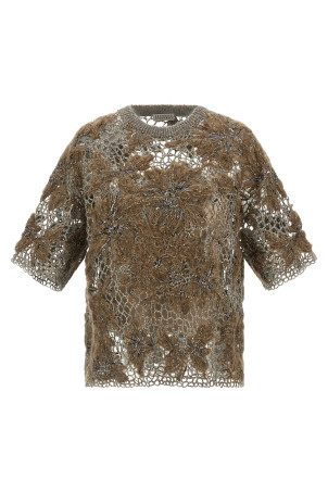 'Whispering Bloom Embroidery' T-shirt Brown