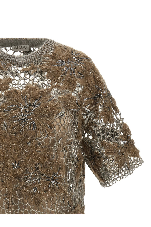 'Whispering Bloom Embroidery' T-shirt Brown