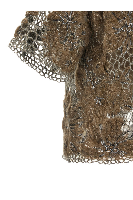 'Whispering Bloom Embroidery' T-shirt Brown