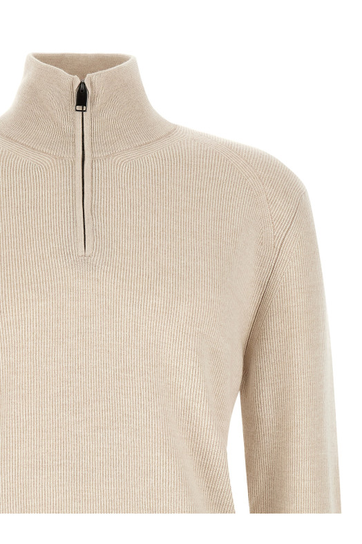 High neck sweater with zip Beige