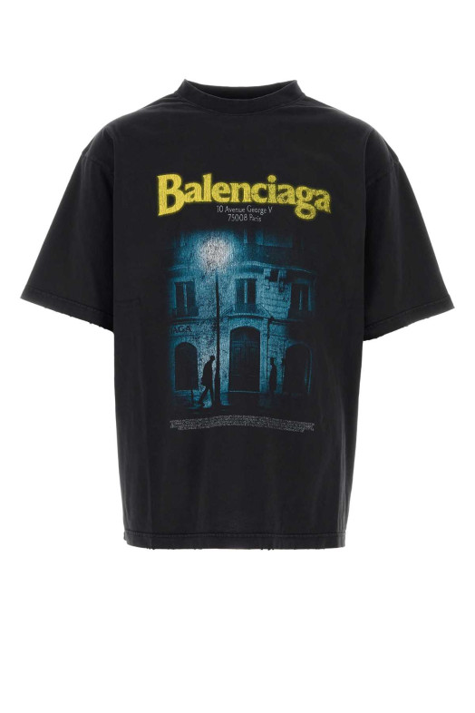 Чёрная хлопковая футболка оверсайз с разноцветным принтом BALENCIAGA (764235TUVO6)