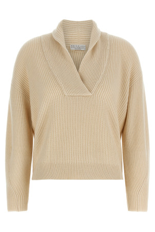 Shawl neck ribbed sweater Beige