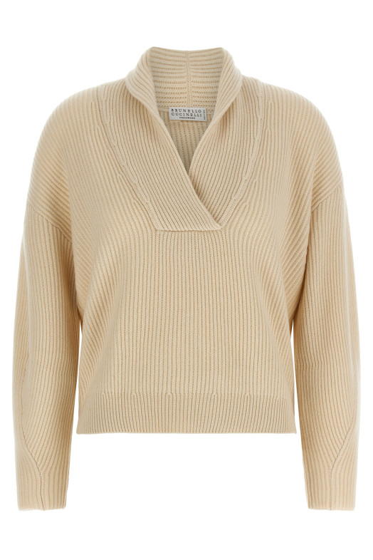 Shawl neck ribbed sweater Beige
