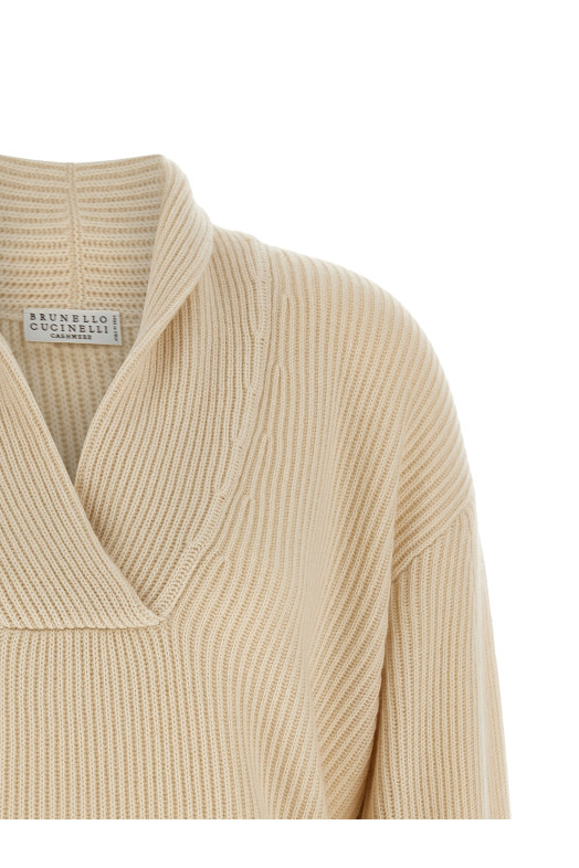 Shawl neck ribbed sweater Beige