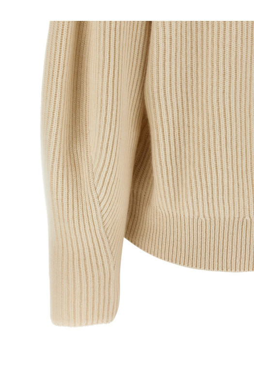 Shawl neck ribbed sweater Beige