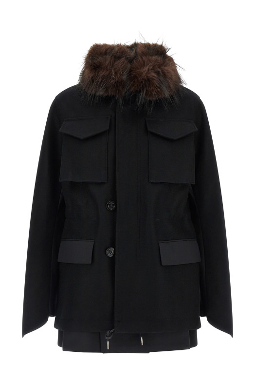 Wool coat with fur insert Black