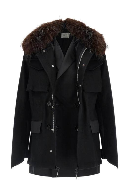 Wool coat with fur insert Black