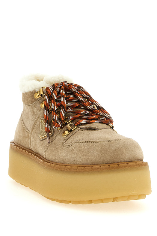 Ботинки на шнурках с овчинной подкладкой, бежевые PRADA 1E635OFZF50JFTF0F24