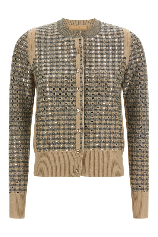 Check cardigan with crystals Beige