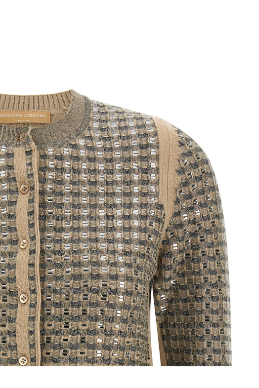 Check cardigan with crystals Beige
