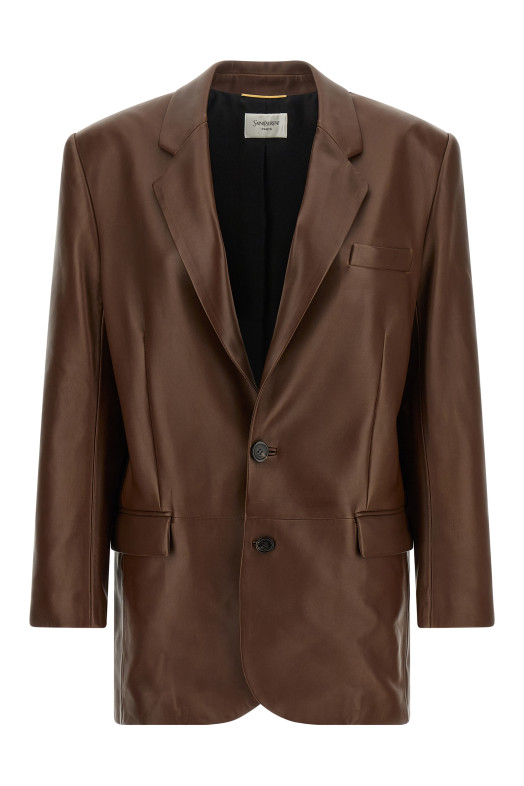 Шкіряний блейзер коричневого кольору SAINT LAURENT A000E7YC2TF2740